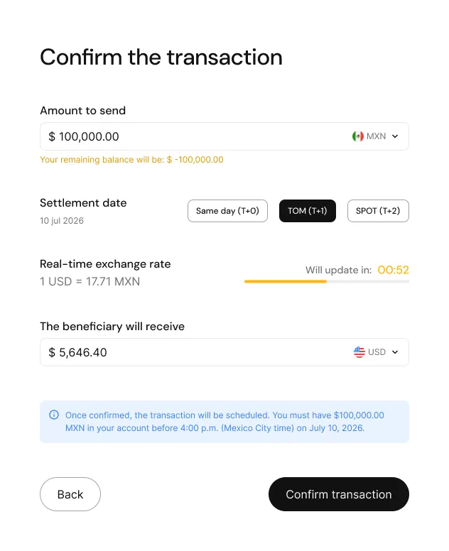 Screen to confirm a TOM transaction with amount, settlement date and real-time exchange rate