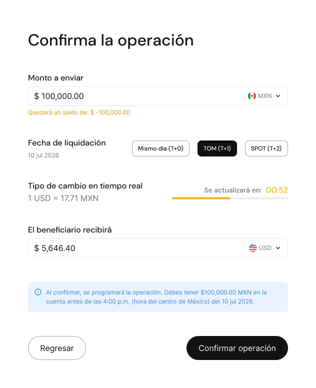 Pantalla para confirmar una operación TOM con monto, fecha de liquidación y tipo de cambio en tiempo real