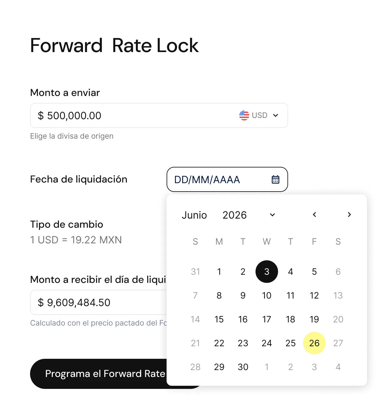 Formulario de Forward Rate Lock en la plataforma de EFEX con monto a enviar, fecha de liquidación y tipo de cambio