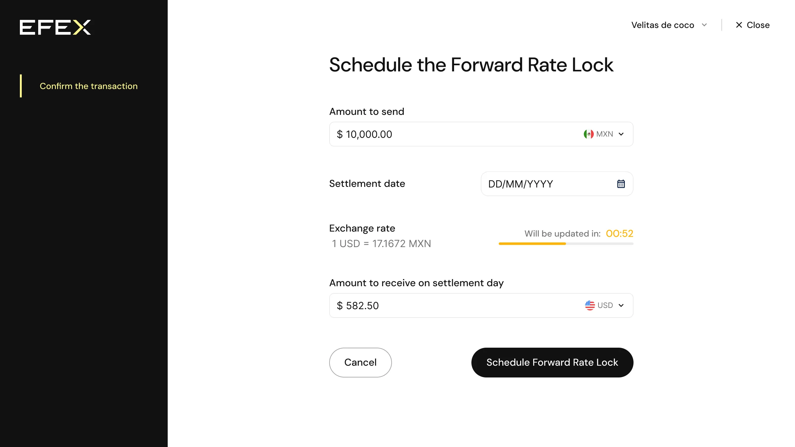 Screen to schedule a Forward Rate Lock on the EFEX platform