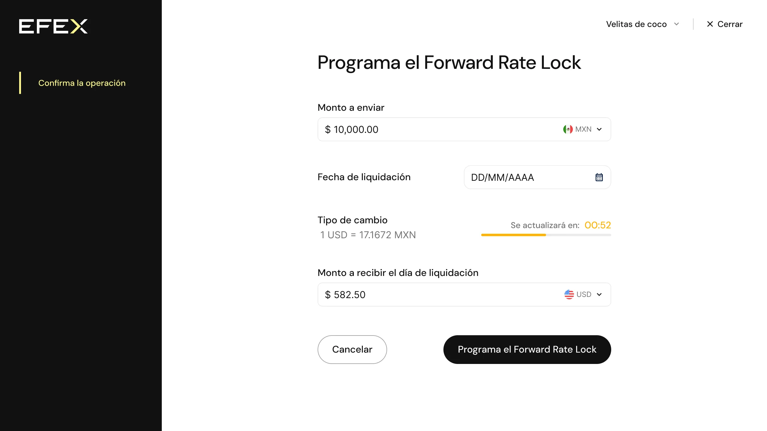Pantalla para programar un Forward Rate Lock en la plataforma de EFEX