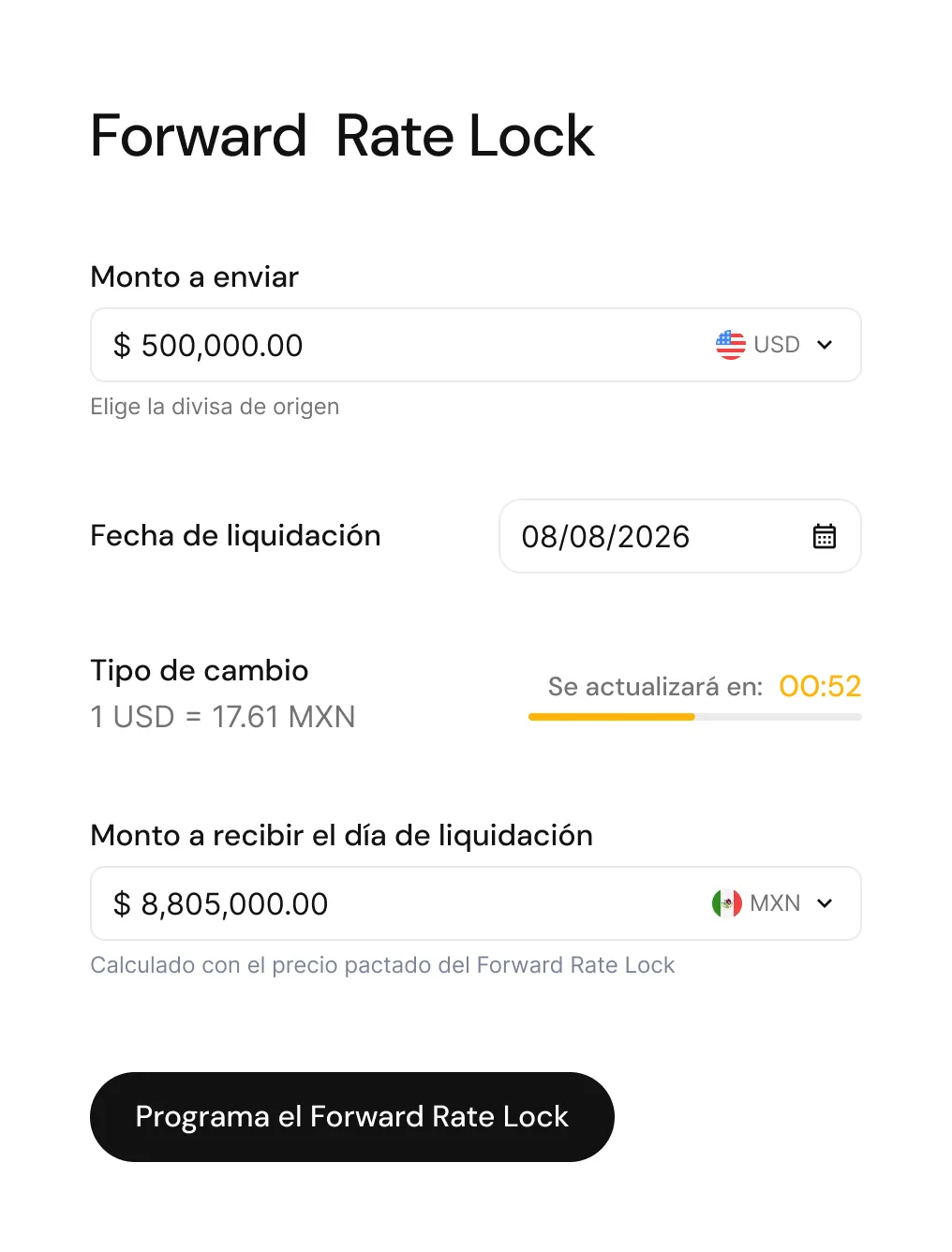 Formulario para programar un Forward Rate Lock con monto, fecha de liquidación y tipo de cambio