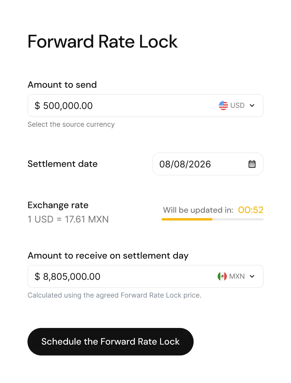 Form to schedule a Forward Rate Lock with amount, settlement date and exchange rate