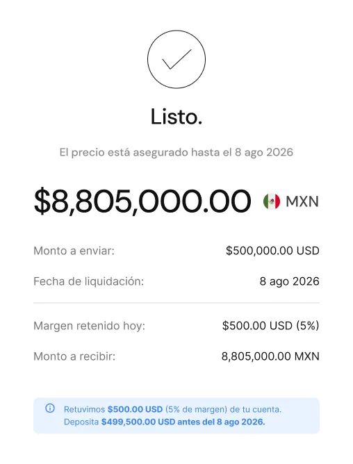 Confirmación del Forward Rate Lock con el monto a recibir y el margen retenido