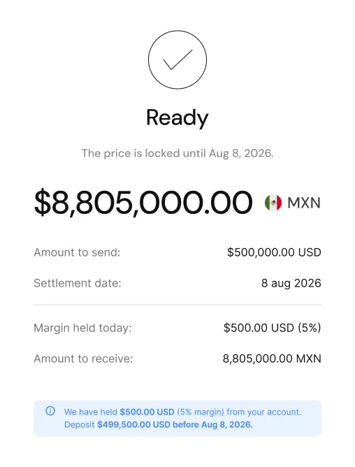 Forward Rate Lock confirmation with the amount to receive and the margin held