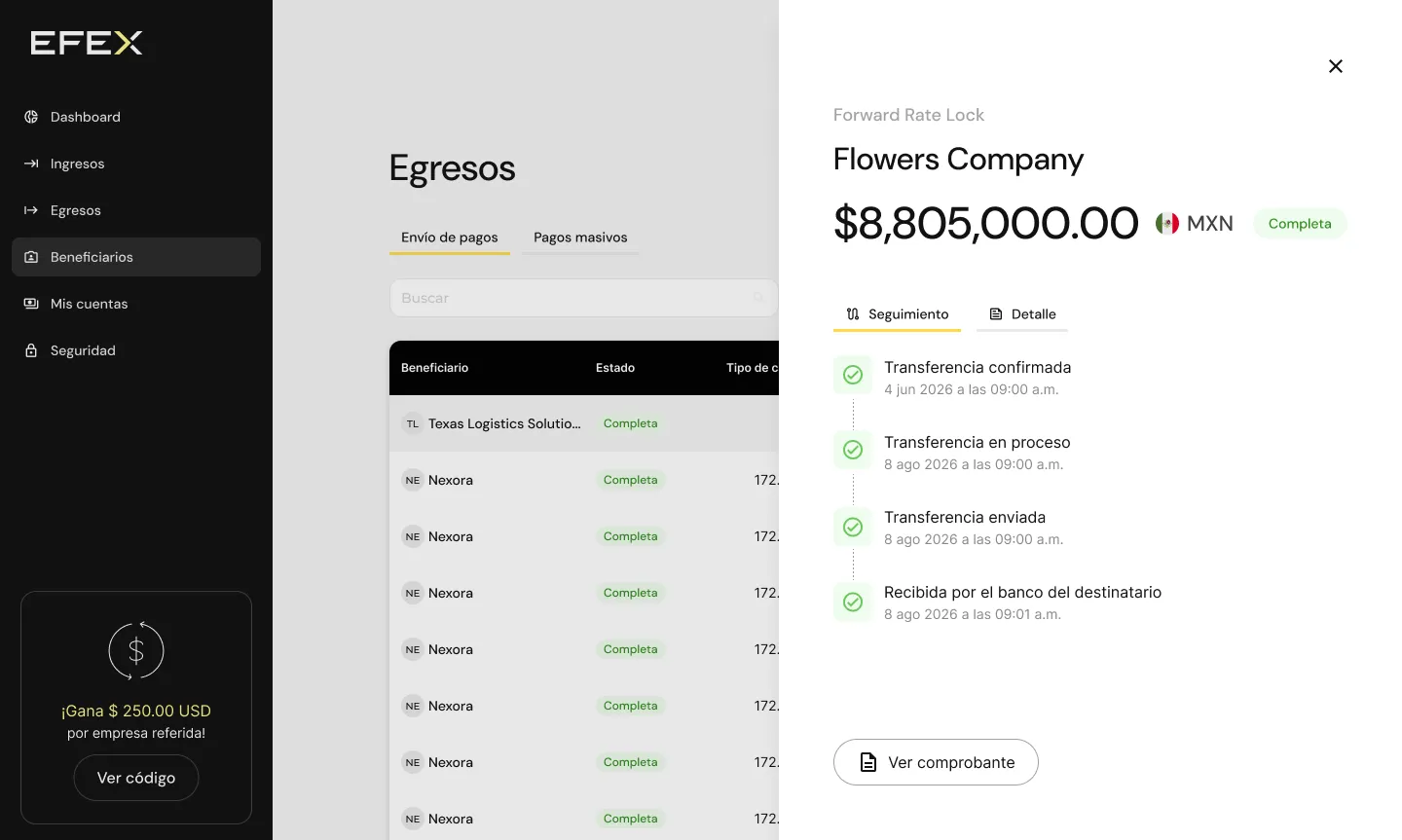 Seguimiento de la transferencia del Forward Rate Lock hasta que la recibe el banco del destinatario